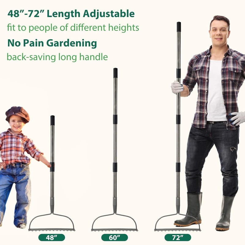 Feblomst Garden Rake, 6 FT Bow Rakes for Lawns Heavy Duty, Yard Metal Rake with Adjustable Long Handle, 14 Tines Head, Gardening Tool for Loosen Soil, Gather Leaves, Level Mulch, Remove Debris - Image 3